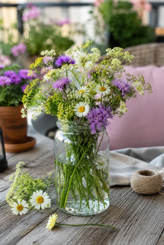 Balkondeko mit alten Einmachgläsern als Vase für frische Blumen auf einem gemütlichen Balkon im Sommer.