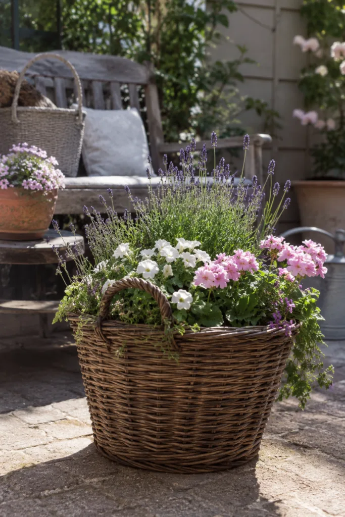 Gartendeko mit alten Körben als bepflanzte Blickfänger auf einer sonnigen Terrasse mit Lavendel und Blühpflanzen.