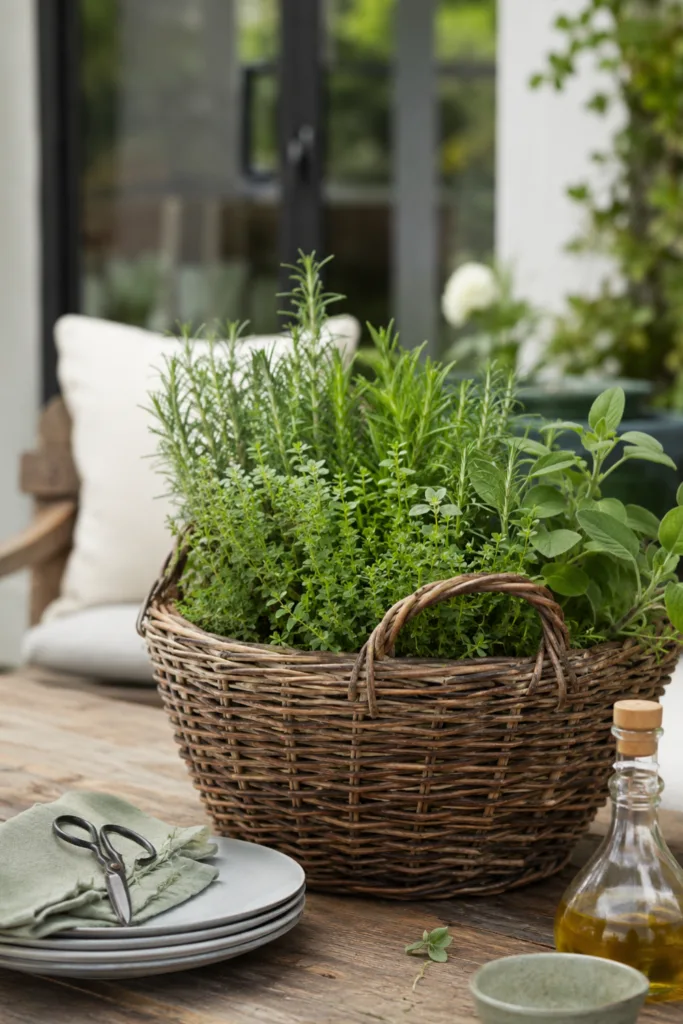 Gartendeko mit alten Körben als Kräuterkorb auf Terrasse mit Rosmarin, Thymian und Salbei im Flechtkorb.