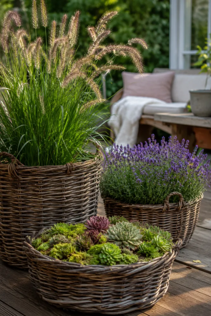 Gartendeko mit alten Körben als dekorative Gartenszene mit Pflanzen und Naturmaterialien im Garten.