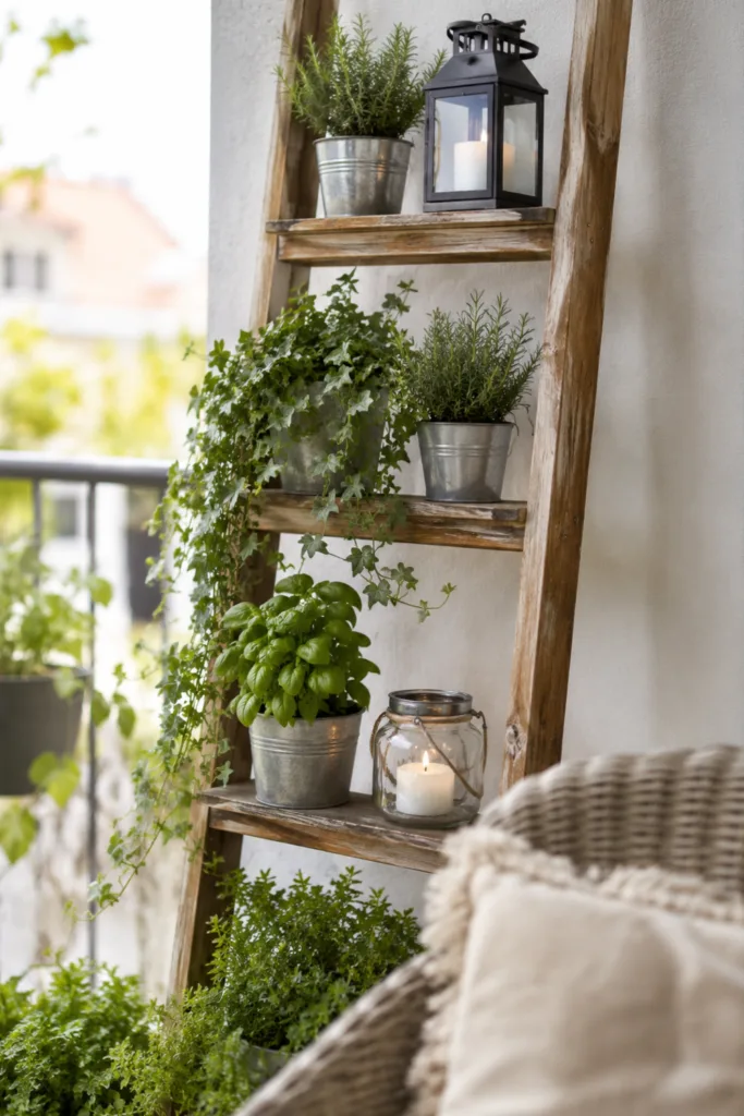 Balkondeko aus Holz – 5 wunderschöne Ideen für mehr Gemütlichkeit Balkondeko aus Holz mit dekorativer Holzleiter, Kräutern und Pflanzen auf kleinem Balkon.