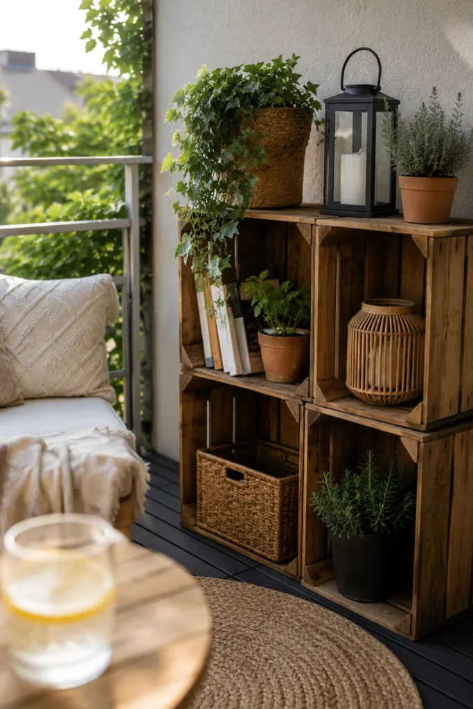 Balkondeko aus Holz – 5 wunderschöne Ideen für mehr Gemütlichkeit Balkondeko aus Holz mit Holzkisten, Pflanzen und Stauraum auf kleinem Balkon.