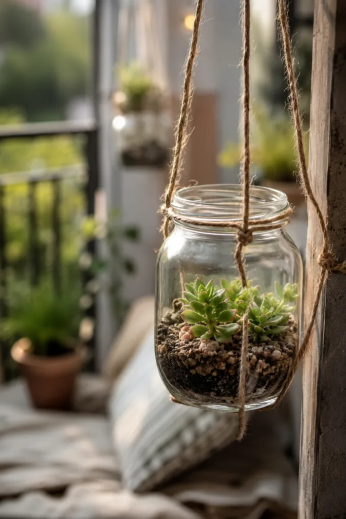 Balkondeko mit alten Einmachgläsern als hängende Pflanzgefäße auf kleinem Balkon mit Sukkulenten.
