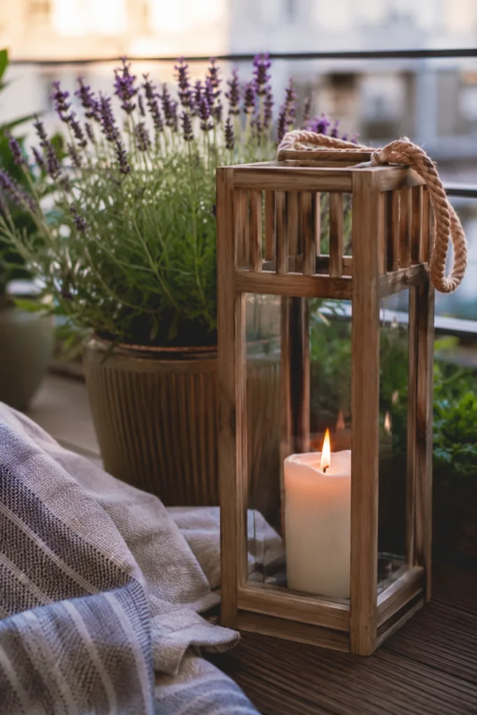 Balkondeko aus Holz – 5 wunderschöne Ideen für mehr Gemütlichkeit Balkondeko aus Holz mit Holzlaterne, Kerze und Lavendel für gemütliche Abendstimmung auf dem Balkon.