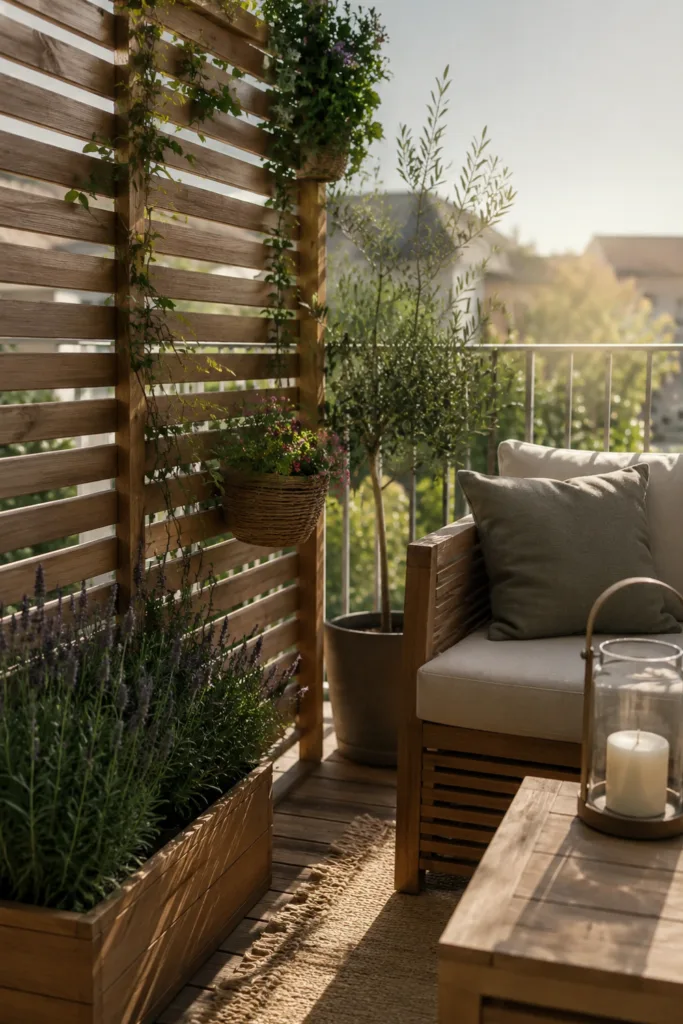 Balkondeko aus Holz – 5 wunderschöne Ideen für mehr Gemütlichkeit Balkondeko aus Holz mit Holzpaneelen als Sichtschutz, Pflanzen und gemütlicher Sitzecke auf dem Balkon.