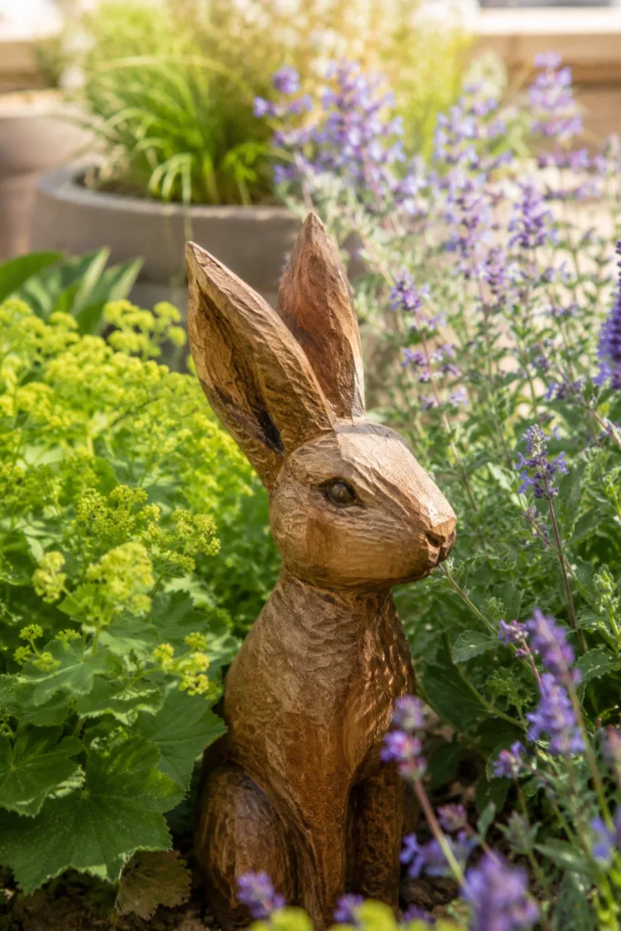 Gartendeko mit Holzfiguren - 5 wunderschöne Ideen für mehr Atmosphäre Holzhase als Gartendeko im Staudenbeet zwischen Lavendel und Stauden im naturnahen Garten.