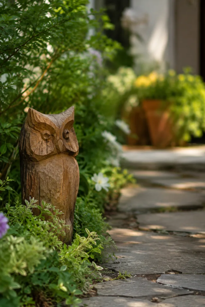 Gartendeko mit Holzfiguren - 5 wunderschöne Ideen für mehr Atmosphäre Holzfigur am Gartenweg zwischen Pflanzen als natürliche Gartendeko mit Holzfiguren entlang von Wegen.