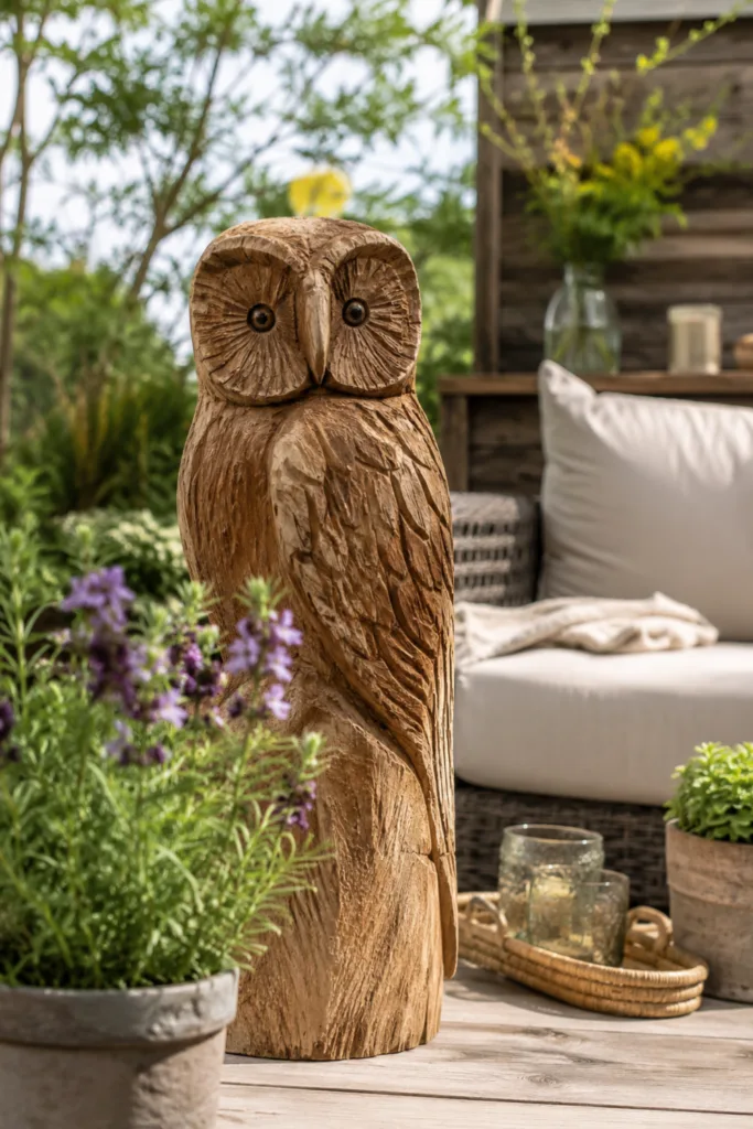 Gartendeko mit Holzfiguren - 5 wunderschöne Ideen für mehr Atmosphäre Holzfigur als Blickfang in der Sitzecke mit Gartendeko aus Holz und gemütlicher Gartenatmosphäre.