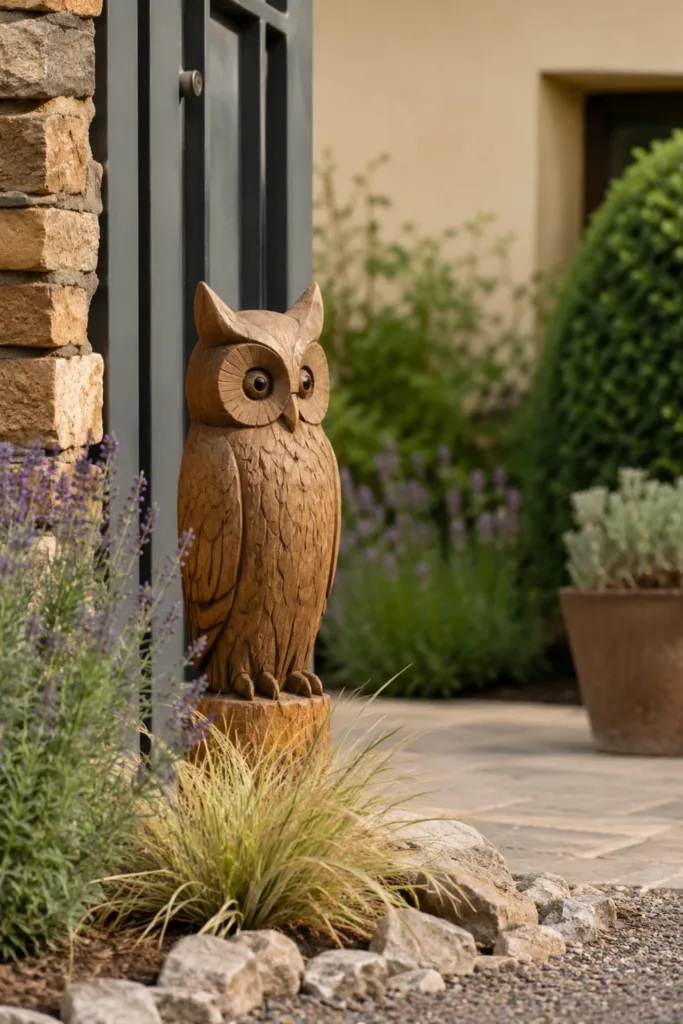 Gartendeko mit Holzfiguren - 5 wunderschöne Ideen für mehr Atmosphäre Holzfigur Eule im Garteneingang zwischen Lavendel und Gräsern als natürliche Gartendeko mit Holzfiguren.