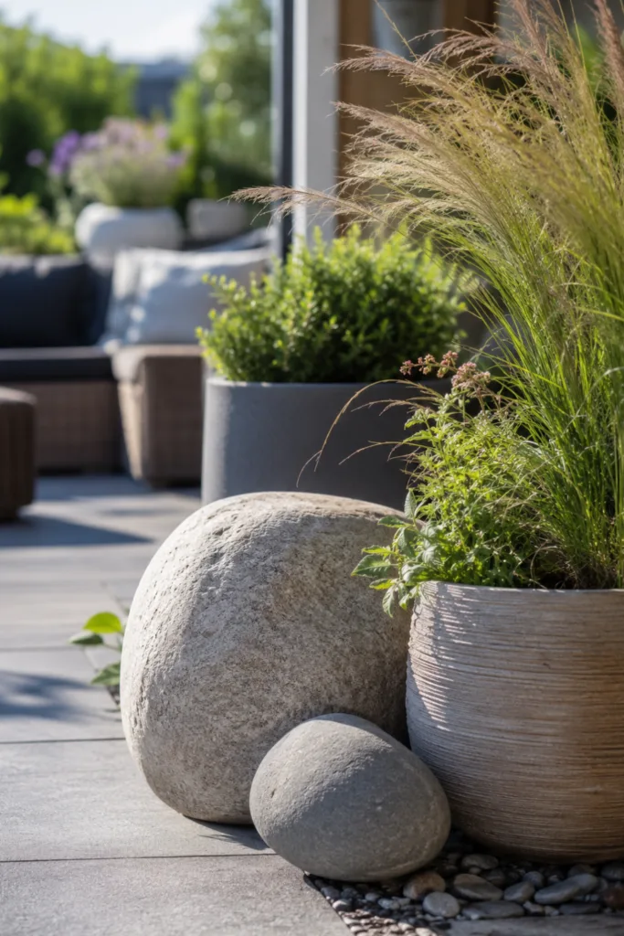 Terrassendeko mit Natursteinen zwischen Pflanzkübeln für eine natürliche und harmonische Terrassengestaltung.