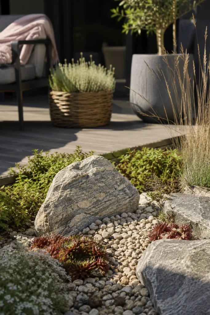 Terrassendeko mit Natursteinen als Ruhezone mit Kies, Findlingen und pflegeleichten Pflanzen auf der Terrasse.