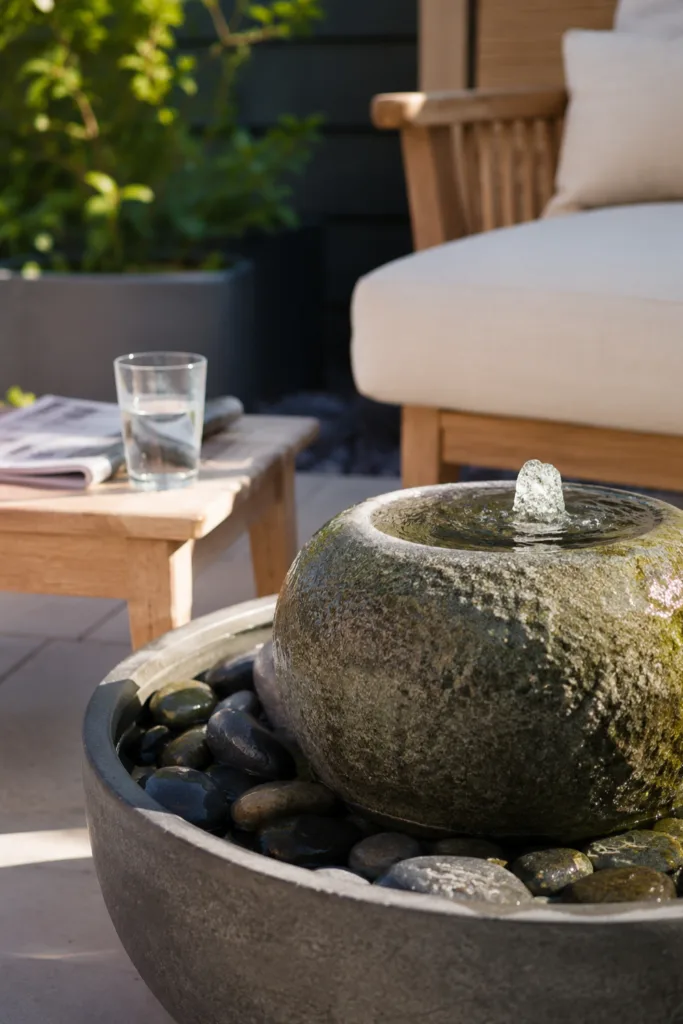Terrassendeko mit Natursteinen und Quellsteinbrunnen als stilvolles Wasserelement auf moderner Terrasse.