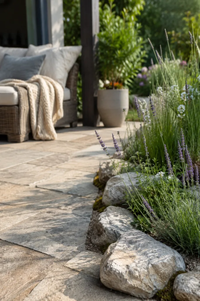 Terrassendeko mit Natursteinen als natürliche Einfassung zwischen Terrasse und Staudenbeet.