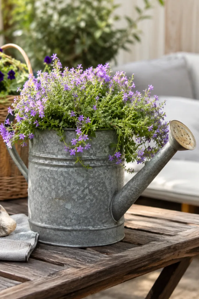 Terrassendeko mit alten Sachen: bepflanzte alte Gießkanne als Pflanzgefäß auf einer gemütlichen Terrasse.