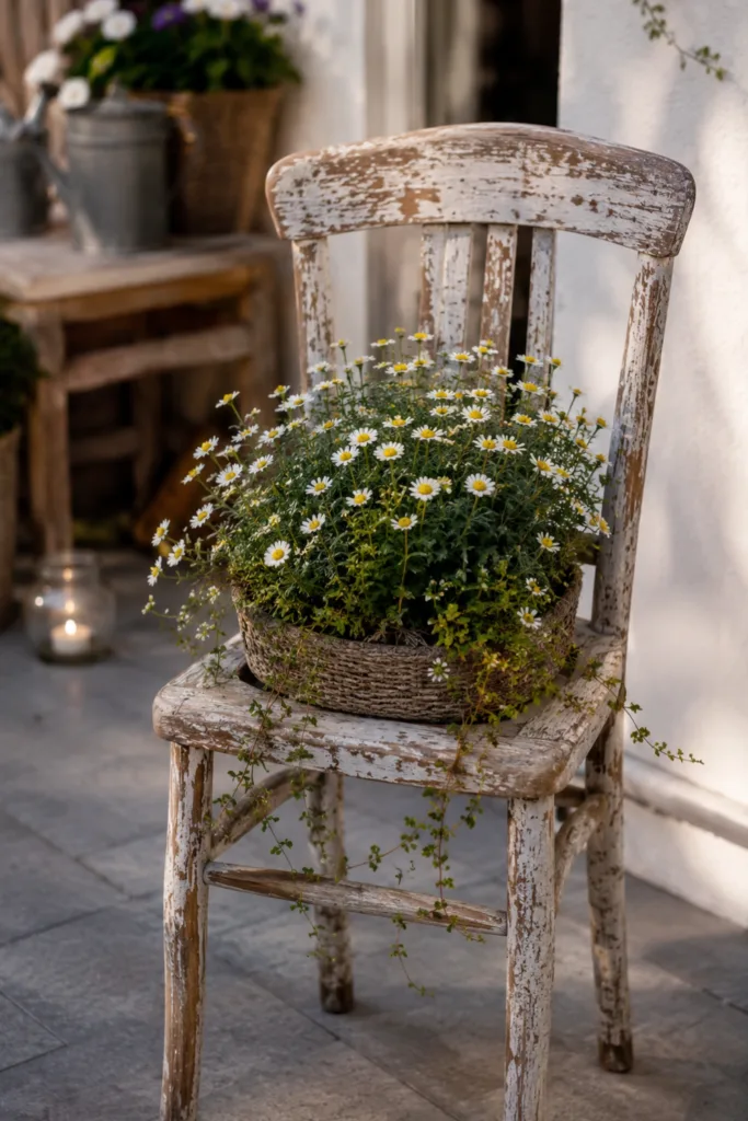 Terrassendeko mit alten Sachen: alter Holzstuhl als Pflanzenplatz mit blühenden Blumen auf der Terrasse.