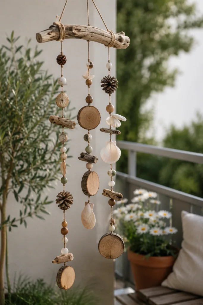 Balkondeko mit Kindern basteln: 5 Ideen für einen kreativen Familienbalkon Balkondeko mit Kindern basteln: Windspiel aus Naturmaterialien auf gemütlichem Balkon mit Pflanzen.