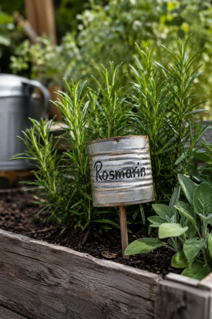 Gartendeko mit alten Konservendosen – 5 wunderschöne Ideen für deinen Garten Gartendeko mit alten Konservendosen als Beetmarkierung im Kräuterbeet mit Rosmarin und Salbei.