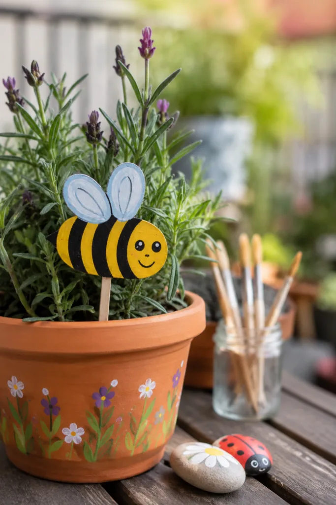 Balkondeko mit Kindern basteln: 5 Ideen für einen kreativen Familienbalkon Balkondeko mit Kindern basteln: bemalter Pflanzstecker als Biene im Blumentopf auf dem Balkon.
