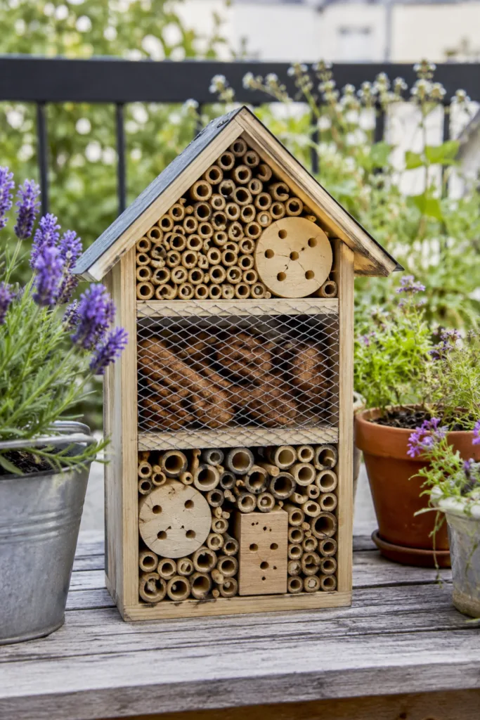 Balkondeko mit Kindern basteln: 5 Ideen für einen kreativen Familienbalkon Balkondeko mit Kindern: selbst gebautes Insektenhotel auf einem bepflanzten Balkon mit Lavendel und Kräutern.
