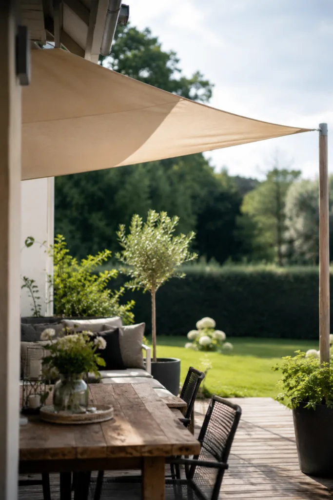 Zu viel Sonne im Garten? Diese 5 Sommerdeko-Ideen schaffen angenehmen Schatten Modernes Sonnensegel als Sommerdeko für den Garten mit schattigem Sitzplatz und gemütlicher Terrasse.