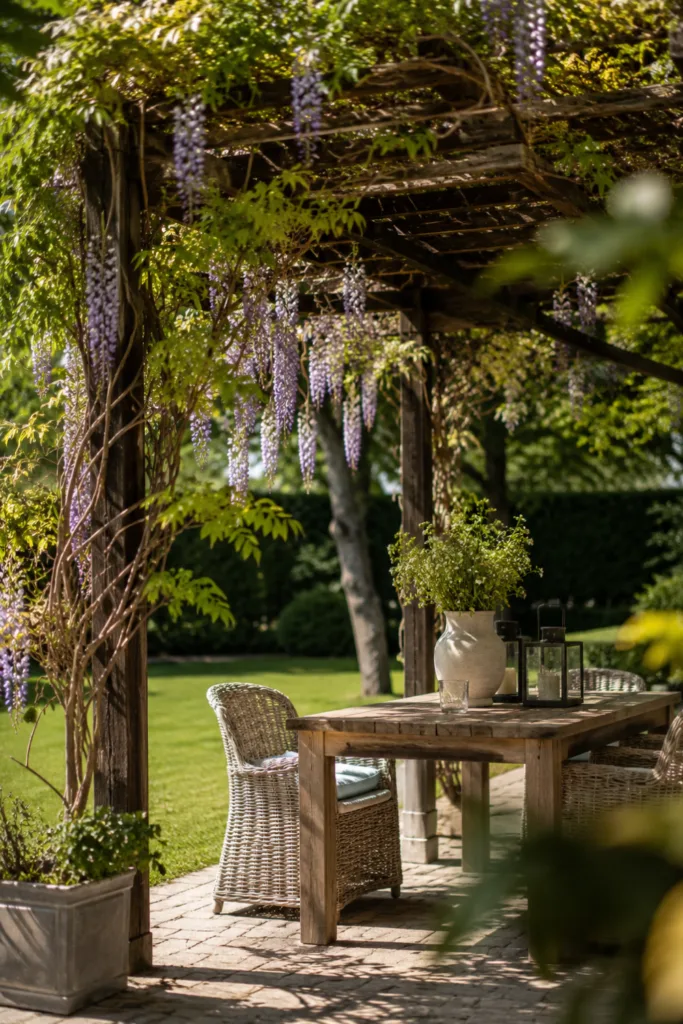Zu viel Sonne im Garten? Diese 5 Sommerdeko-Ideen schaffen angenehmen Schatten Sommerdeko für den Garten mit Pergola, Kletterpflanzen und schattigem Sitzplatz im Grünen.