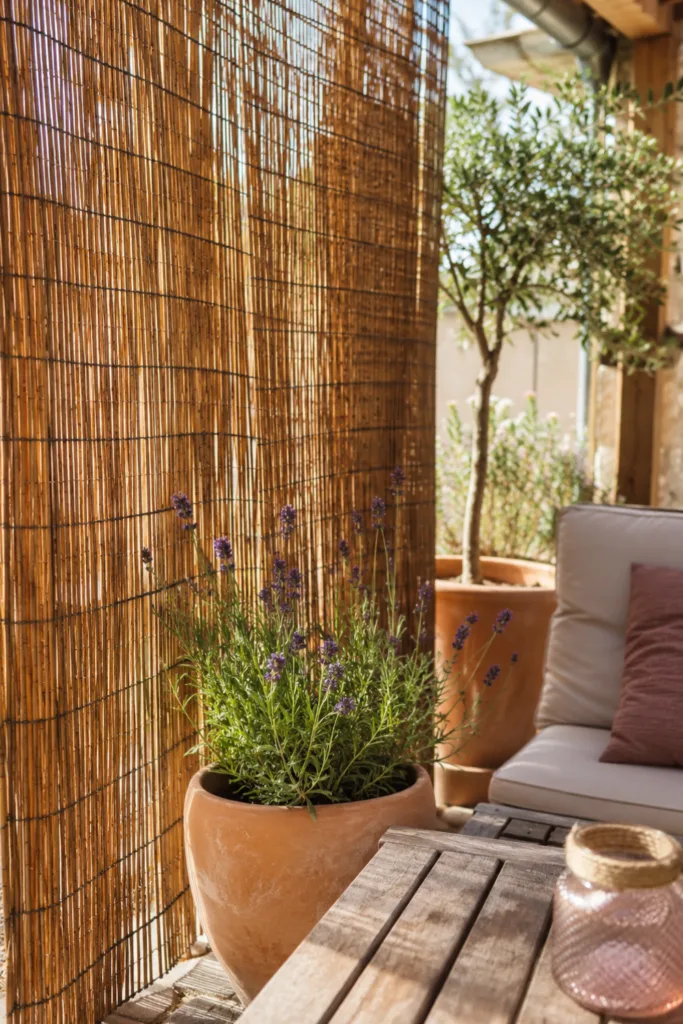 Zu viel Sonne im Garten? Diese 5 Sommerdeko-Ideen schaffen angenehmen Schatten Sommerdeko für den Garten mit Bambusmatten als natürlicher Schattenspender im mediterranen Stil.