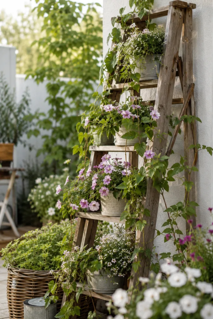 Vertikale Deko mit bepflanzter Holzleiter im kleinen Garten im Juni mit Sommerblumen und Rankpflanzen.