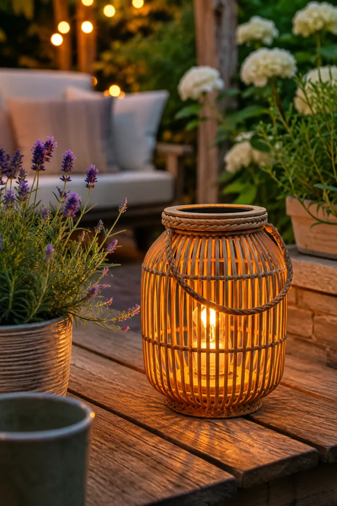 Solarlaterne als Deko für kleinen Garten im Juni auf gemütlicher Terrasse mit stimmungsvoller Beleuchtung.