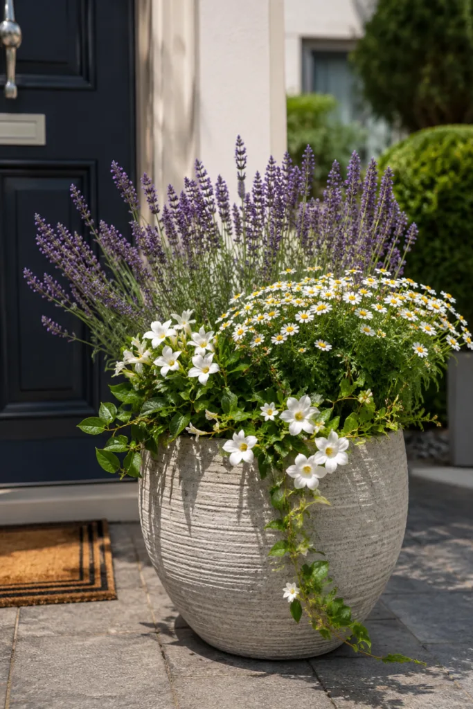 Haustür Deko für den Juni mit mediterranen Pflanzkübeln, Lavendel und Sommerblumen am Hauseingang.