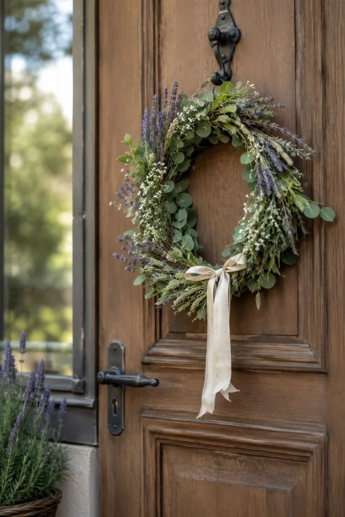 Haustür Deko für den Juni mit sommerlichem Türkranz aus Lavendel, Eukalyptus und Naturmaterialien.