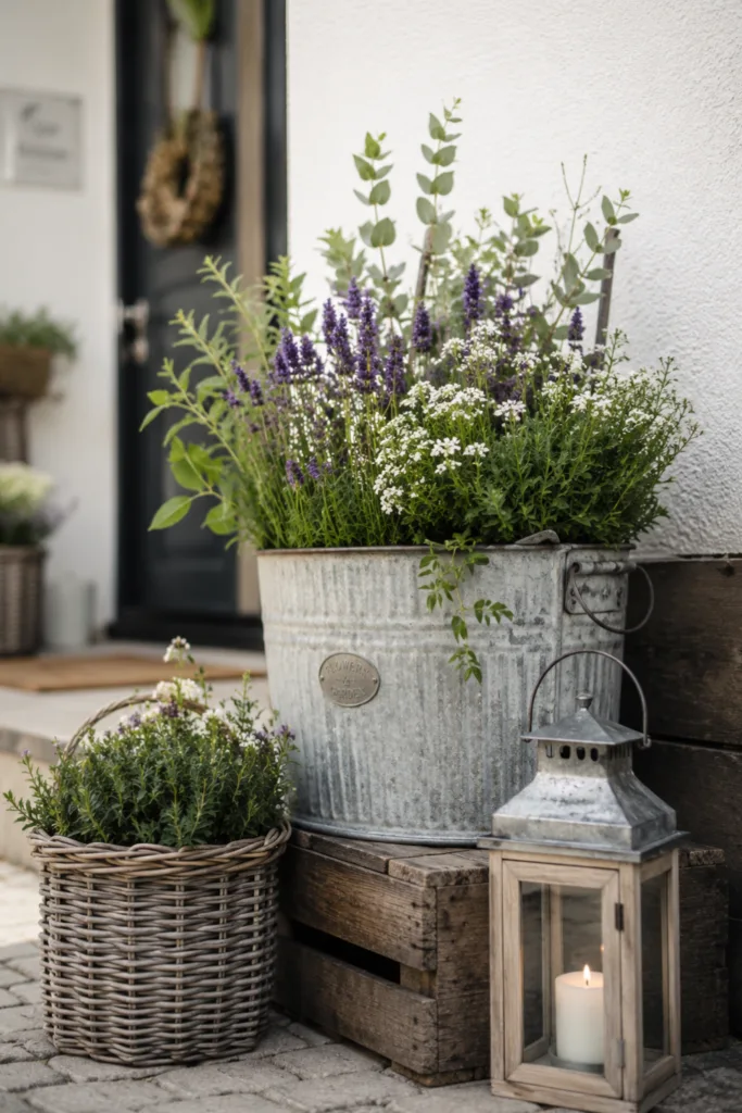 Haustür Deko für den Juni mit Zinkwanne, Korb, Laterne und sommerlicher Bepflanzung aus Naturmaterialien.