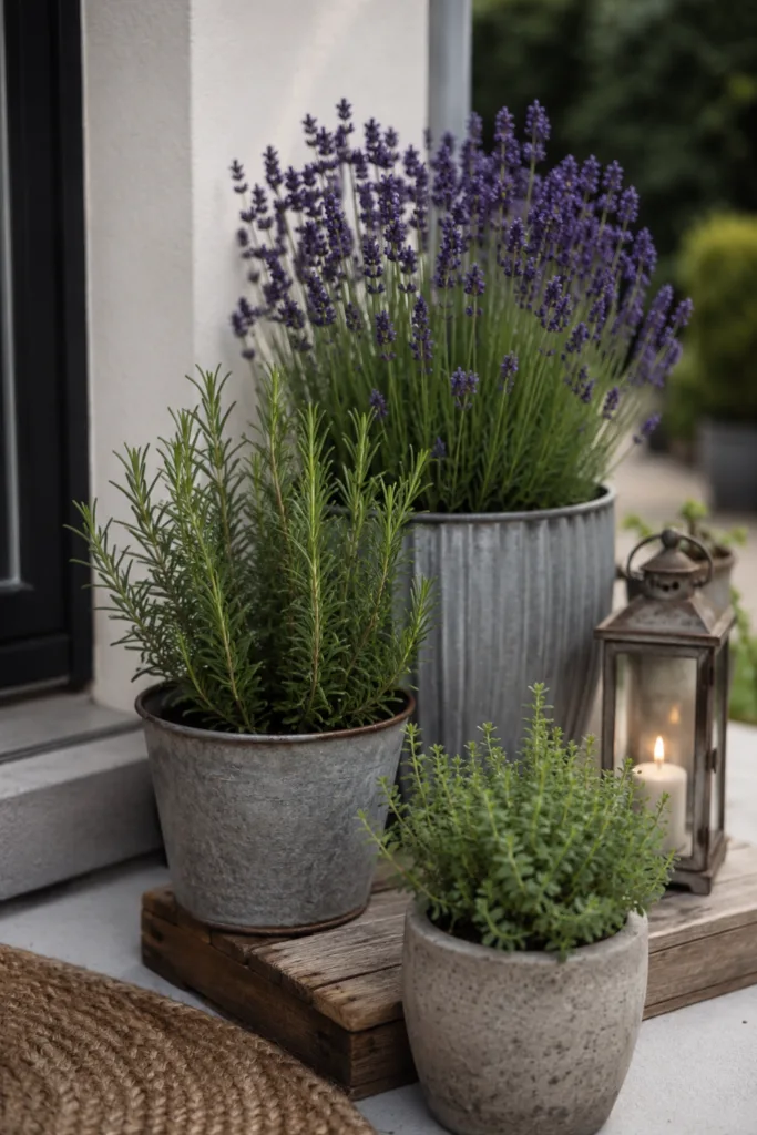 Haustür Deko für den Juni mit Lavendel, Rosmarin und Duftpflanzen im Eingangsbereich.