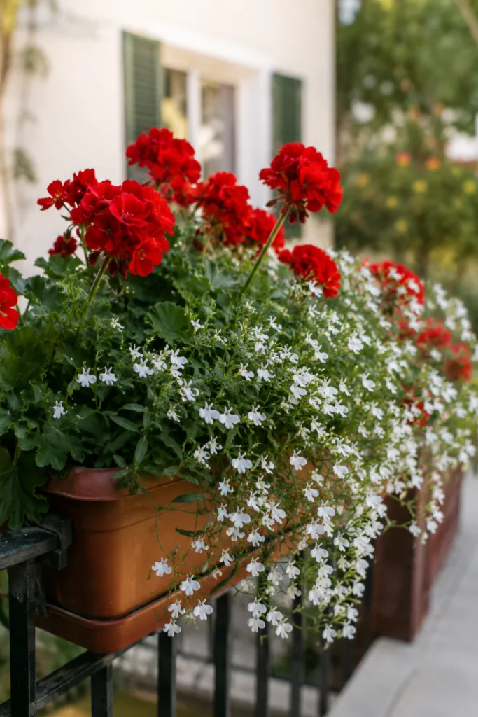 Blumenkasten bepflanzen im Juni: 5 Ideen für monatelange Blütenpracht Blumenkasten bepflanzen im Juni mit roten Geranien und weißen Zauberglöckchen am sonnigen Balkon.