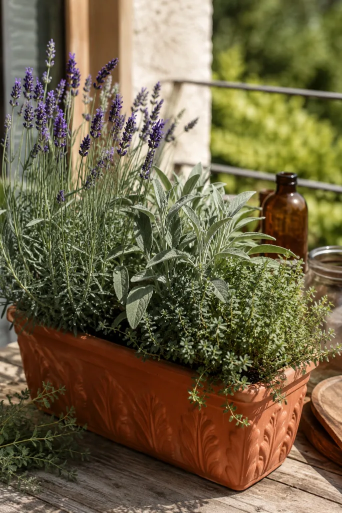 Blumenkasten bepflanzen im Juni: 5 Ideen für monatelange Blütenpracht Blumenkasten bepflanzen im Juni mit Lavendel, Salbei und Thymian auf sonnigem Balkon im mediterranen Stil.