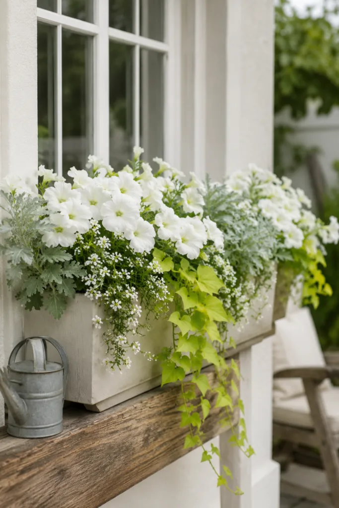 Blumenkasten bepflanzen im Juni: 5 Ideen für monatelange Blütenpracht Blumenkasten bepflanzen im Juni mit weißen Petunien, Silberblatt und grüner Süßkartoffelranke am Fenster.