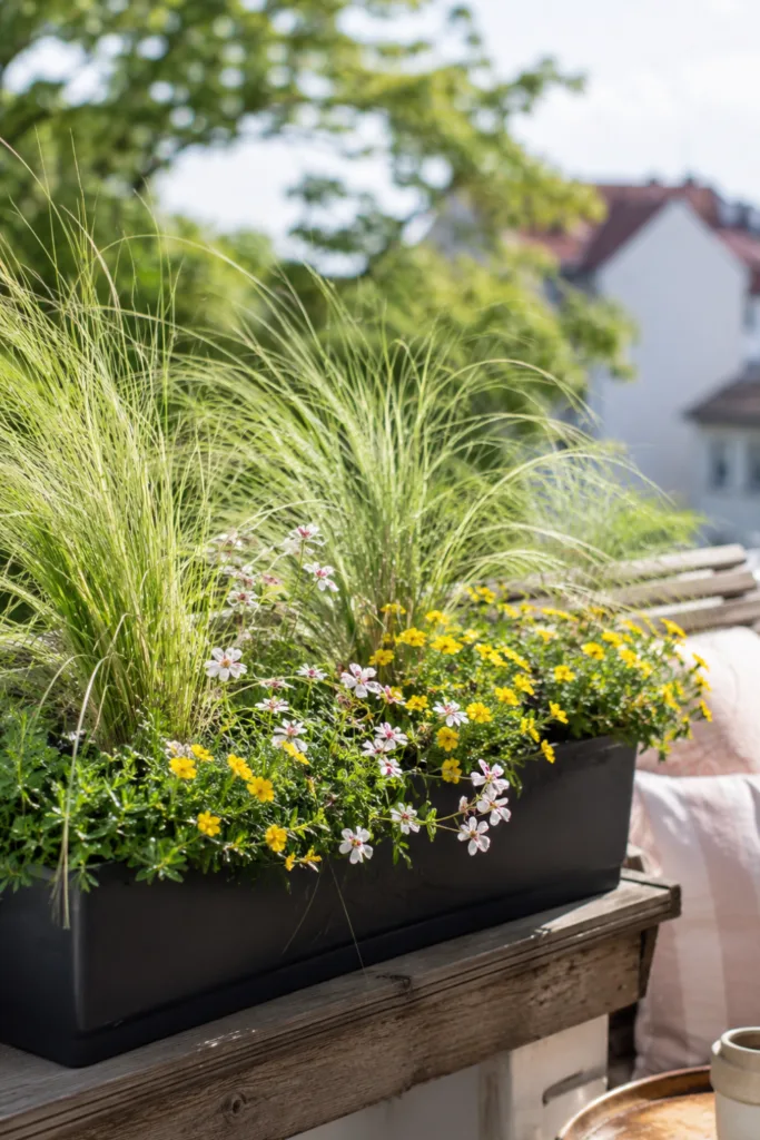 Blumenkasten bepflanzen im Juni: 5 Ideen für monatelange Blütenpracht Blumenkasten bepflanzen im Juni mit Gräsern und Dauerblühern auf sonnigem Balkon im Hochsommer.