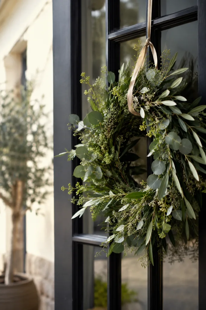 Sommerdeko für die Terrassentür – 5 schöne Ideen für den Juni Terrassentürdeko im Juni mit natürlichem Sommerkranz aus Eukalyptus und Olivenzweigen an einer Terrassentür.