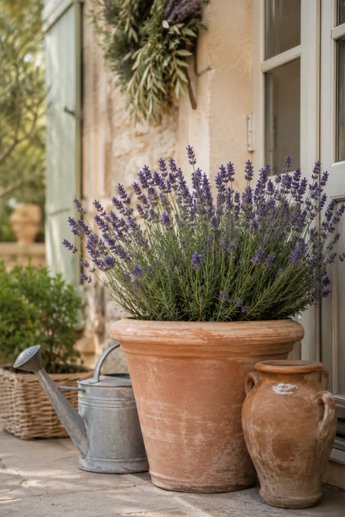 Sommerdeko für die Terrassentür – 5 schöne Ideen für den Juni Terrassentürdeko im Juni mit Lavendel in Terrakottatopf und mediterranen Dekoelementen am Hauseingang.