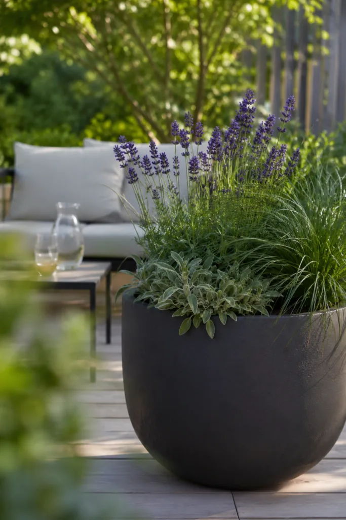Moderne Gartendeko im Juni mit großem Pflanzgefäß, Lavendel und Ziergräsern auf moderner Terrasse.