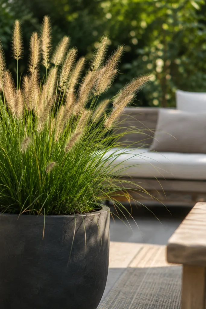 Moderne Gartendeko im Juni mit dekorativen Gräsern im Pflanzkübel auf einer stilvollen Terrasse.