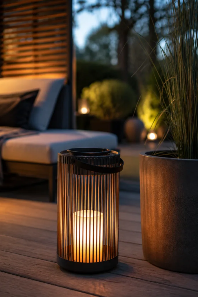 Moderne Gartendeko im Juni mit Lichtobjekt auf Terrasse und stimmungsvoller Abendbeleuchtung im Garten.