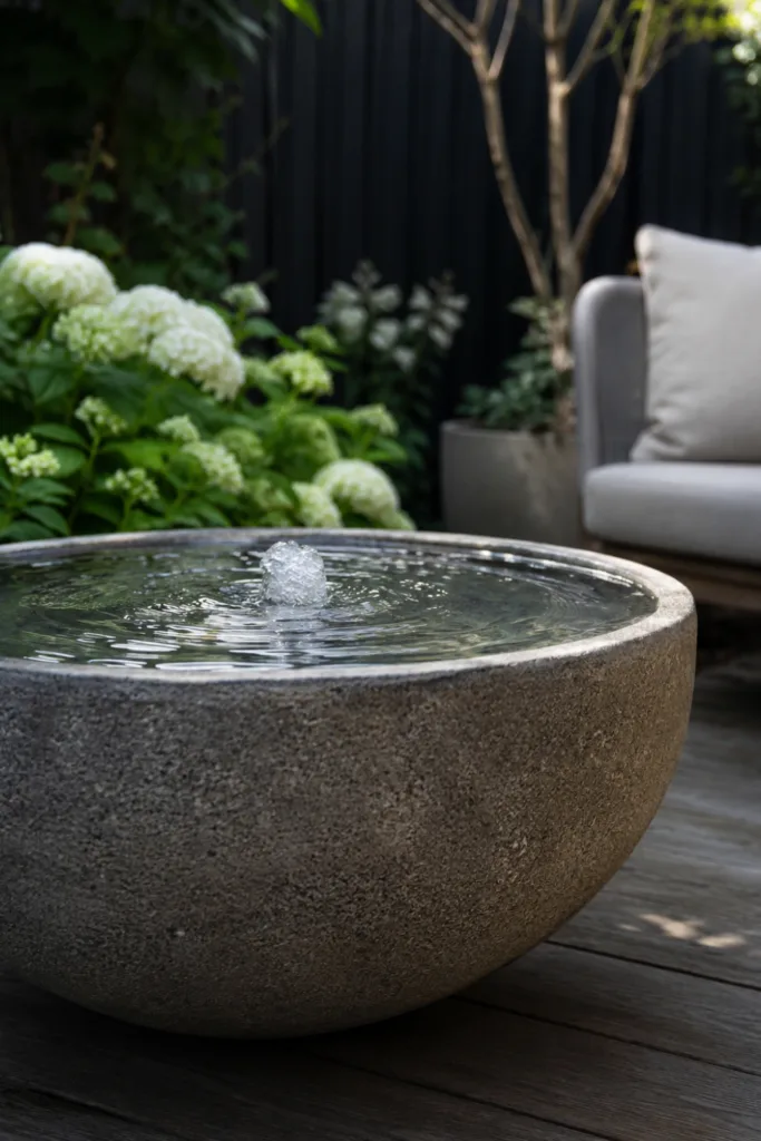 Moderne Gartendeko im Juni mit Wasserschale und Mini-Brunnen auf einer stilvollen Terrasse im Garten.