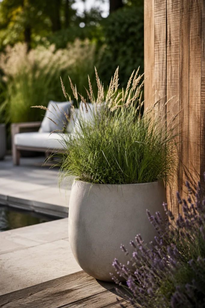 Moderne Gartendeko im Juni mit Pflanzgefäß, Holz, Naturstein und Ziergräsern in harmonischer Gestaltung.