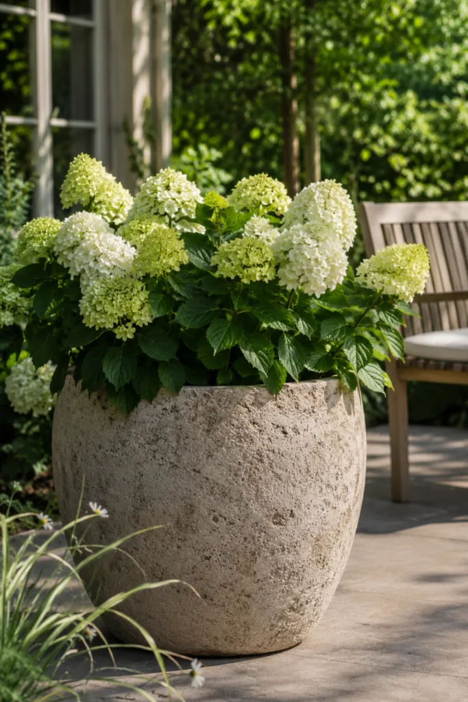 Deko für einen großen Garten im Juni mit großem Pflanzgefäß und blühender Hortensie als Blickfang.
