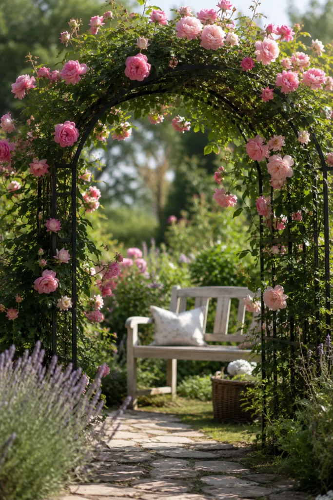 Rosenbogen als vertikale Dekoration im großen Garten mit blühenden Kletterrosen im Juni.