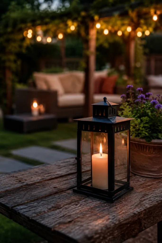 Dekorative Beleuchtung im großen Garten mit Laterne und Lichterkette an einem Sommerabend im Juni.