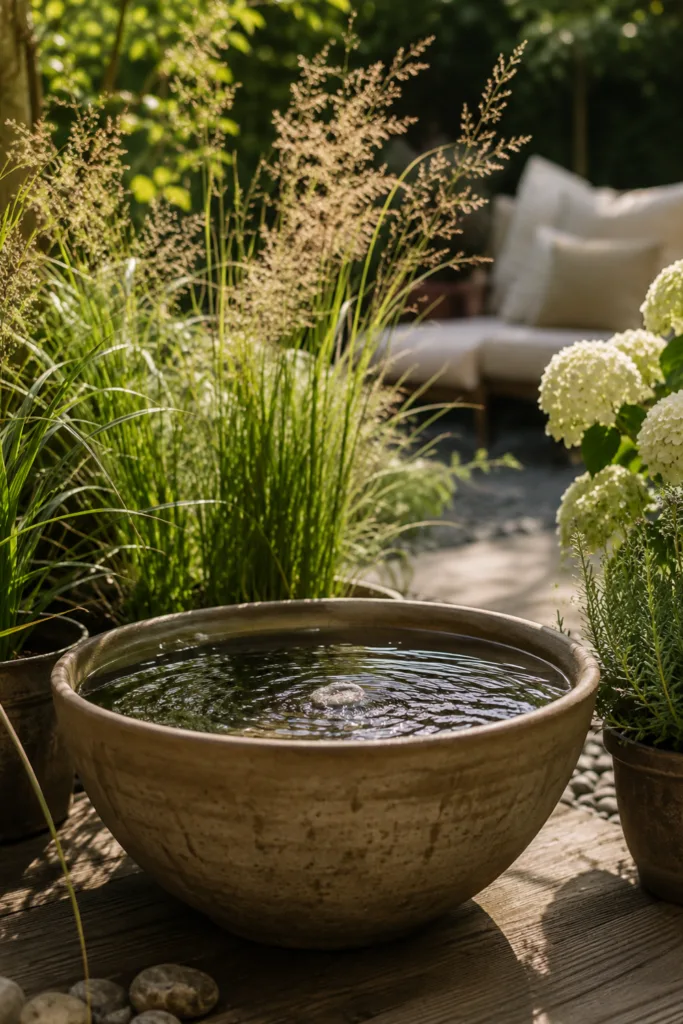 Wasserschale als Deko für einen großen Garten im Juni zwischen Gräsern und Hortensien.