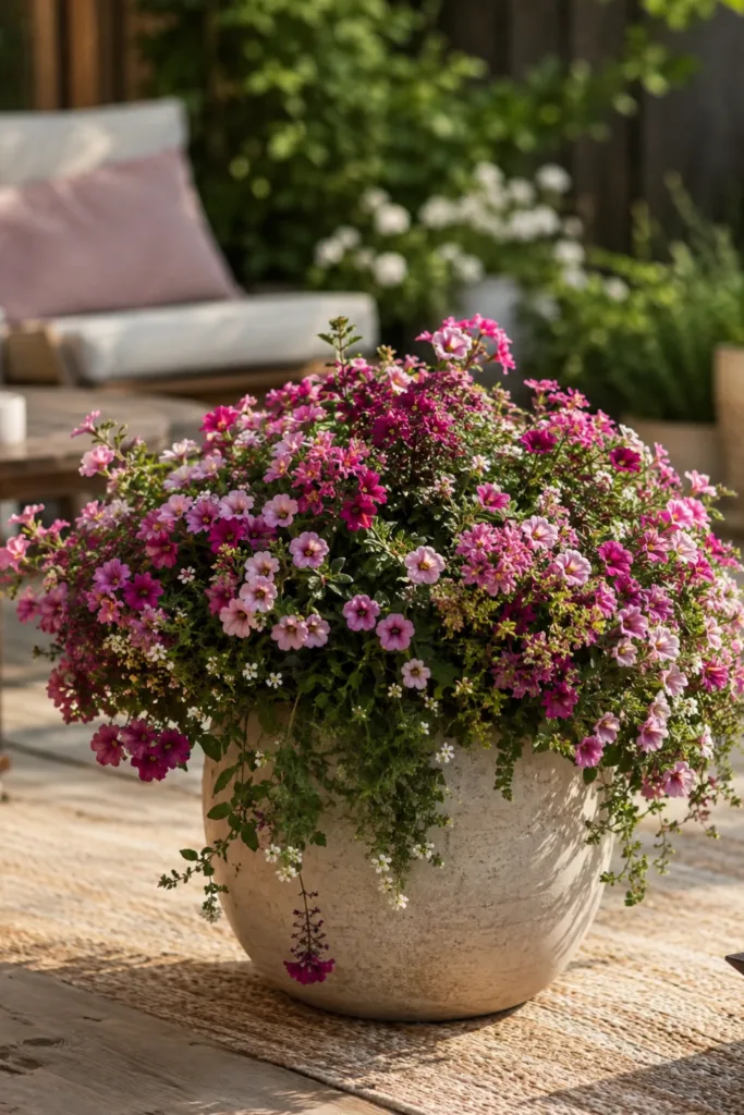 Dekoinsel im kleinen Garten mit blühender Pflanzschale als Blickfang im Juni zwischen Sommerblumen.