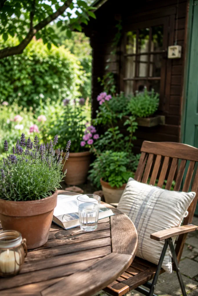 Gemütlicher Sitzplatz mit Lavendel und Holzmöbeln als Schrebergartendeko im Juni im Kleingarten.