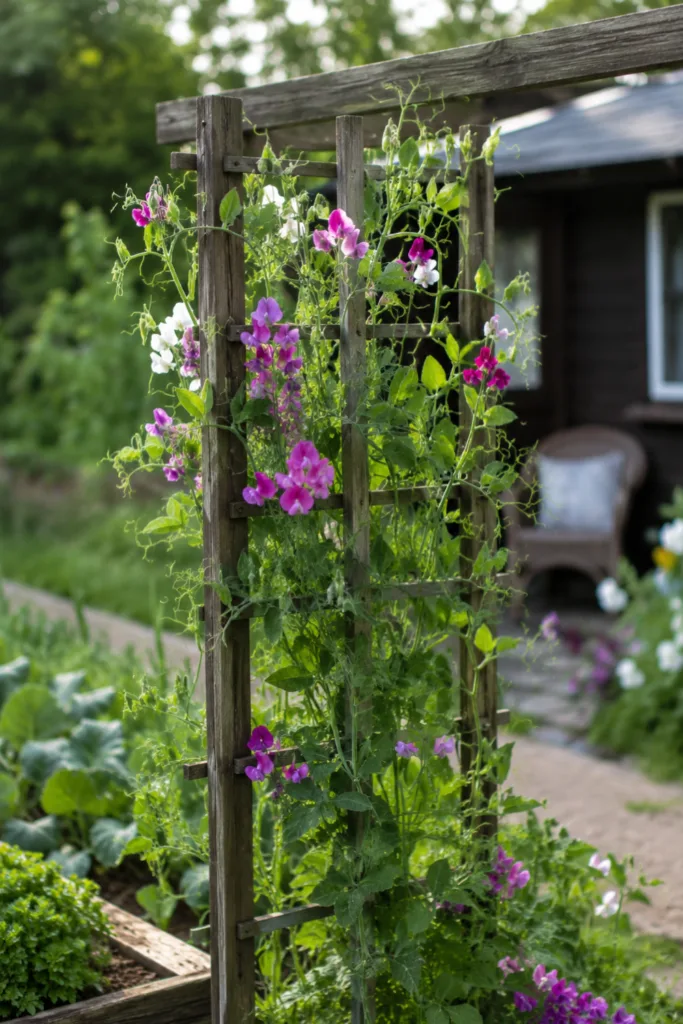 Schrebergartendeko im Juni mit Rankhilfe und blühenden Duftwicken im Kleingarten vor Gartenlaube.